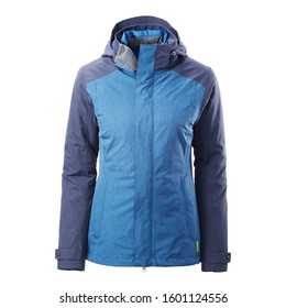 Women's Blue Winter Waterproof 3-In-1 Jacket Isolated On White Background. Windproof & Breathable Coat With Removable Hood And Fleece Lined Collar. Best Warm Cotton Outdoor Clothing For Hiking Travel