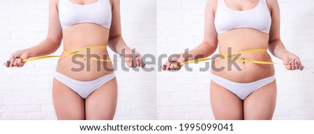 Women's body before and after weight loss, liposuction, diet concept. A woman measures her waist with a tape centimeter.
