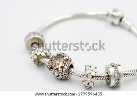 Women's Bracelet Pandora, Charms close-up, jewelry.