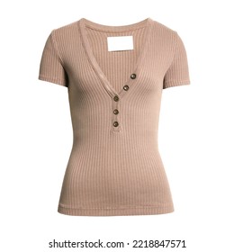 Women's Brown Cotton Simette Rib Short Sleeve Henley Shirt Isolated On White. Scoop Neck Autumn Warm Sweatshirt. Tshirt Clothing Top. V-Neck Sweater Jumper. Plunging Neckline Shapely Ribbed Apparel