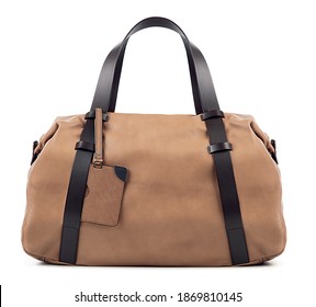 Women's brown leather duffel bag on white. Studio shot.