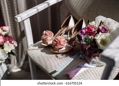 Women's Casual And Luxurious Shoes. Women's Shoes On The Bed. So Many Different Shoes.