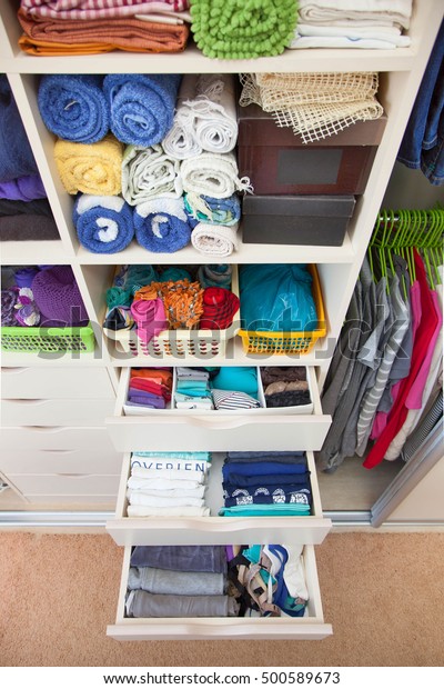 Womens Clothing Drawers Wardrobe Underwear Tshirts Stock Photo