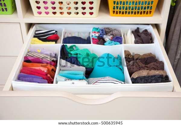 Womens Clothing Drawers Wardrobe Underwear Tshirts Stock Photo