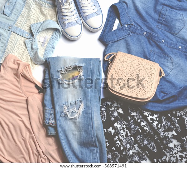 Womens Clothing Jeans Shirt Bag Jacket Stock Photo Edit Now