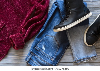 Womens Clothing And Shoes (black Real Leather High Top Sneakers, Blue Jeans, Burgundy Velvet Cardigan And Sweater). 