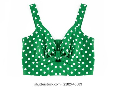 Women's cotton top. Summer clothes. trendy crop top in bright color, isolate on white. Fashion trends 2022 in clothing. Stylish polka dot crop top. Women's textile sconce. High quality photo