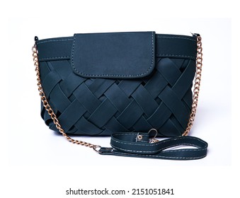 Women's Dark Blue Leather Bag  With A Flap Top, Handle, Gold Chain, Front View. The Trendy Purse For Office, Business Trips Or Casual Occasions Isolated Against The White Background.