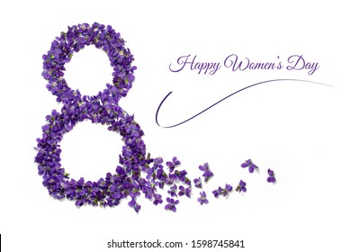 Womens day card. 8 march greeting card. Number eight shape violet flowers isolated on white background - Shutterstock ID 1598745841