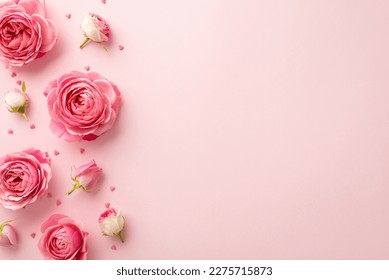 Women's Day concept. Top view photo of pink peony rose buds and sprinkles on isolated pastel pink background with copyspace - Shutterstock ID 2275715873