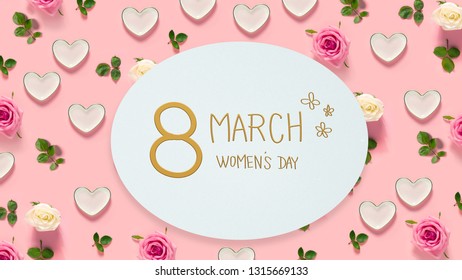 Women's Day message with pink roses and hearts  - Shutterstock ID 1315669133
