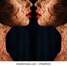 Women's Faces with Tracery Opposite each other. Reflexion. Fantasy. Art Bodyart - Powered by Shutterstock