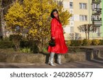 womens fashion red coat brunette