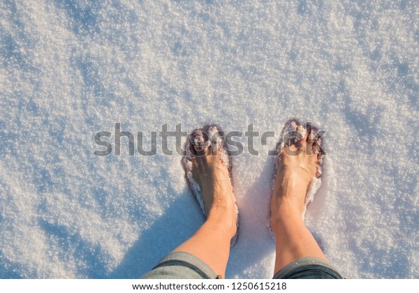 Womens Feet Barefoot Without Shoes On 