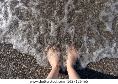 

Women's feet standing on the shore