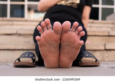 Women's Feet Together, Feet Resting From Shoes In The Heat, Spread Toes