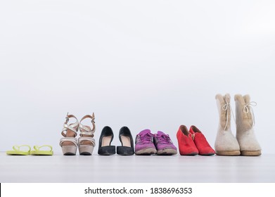 Women's Footwear Collection For Any Weather And All Seasons. A Row Of Women's Shoes