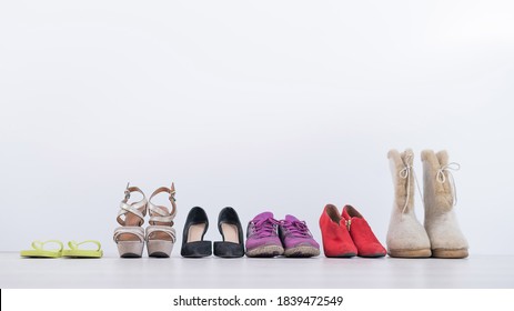 Women's Footwear Collection For Any Weather And All Seasons. A Row Of Women's Shoes