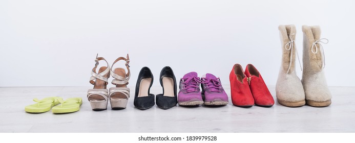 Women's Footwear Collection For Any Weather And All Seasons. A Row Of Women's Shoes