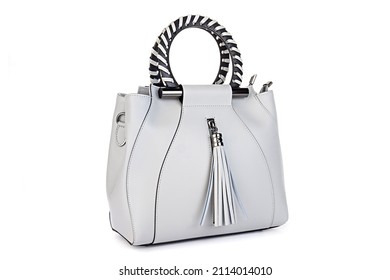 Women's Gray Leather Bag Isolated on White Background. Side View of Luxury Genuine Full Grain Leather Lady Shopping Bag. Women Top Handle Shopper Tote Bag Padlock. Handbags  Fashion Accessories - Shutterstock ID 2114014010