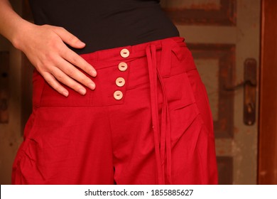 Women's Hand On Red Linen Pants