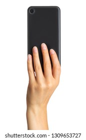 Women's Hand Showing Black Smartphone, Concept Of Taking Photo Or Selfie. Isolated With Clipping Path.