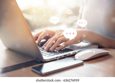 women's hand typing on keyboard laptop with mobile smartphone,
Live Chat Chatting on application Communication Digital Web and social network Concept - Shutterstock ID 636276959