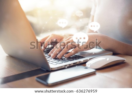 women's hand typing on keyboard laptop with mobile smartphone,
Live Chat Chatting on application Communication Digital Web and social network Concept