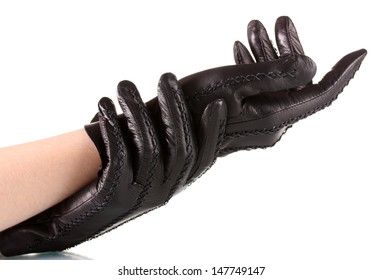 Women's Hands In Black Leather Gloves Isolated On White