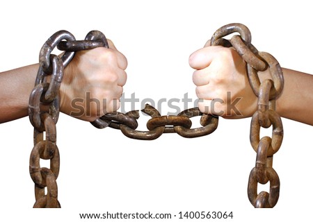 women's hands break the chain. The concept of liberation of freedom and equality of women,  old metal chain as a symbol of perennial tyranny over women, isolated white background