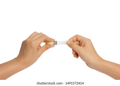 Women's Hands Holding Clear Tape Roll, Using Clear Tape Isolated On White Background