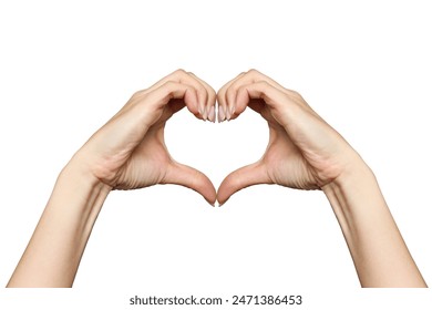 Women's hands show a sign in the shape of a heart, isolated on a white background. Expression of feelings and emotions. Love declaration concept with copy space. Gestures and symbols, gratitude - Powered by Shutterstock