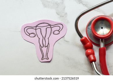 Women's health awareness concept. Close up image of stethoscope and hand drawn women's reproductive system on white background. 
