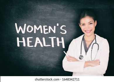 WOMEN's Health blackboard billboard header with text title Asian female doctor happy writing on chalboard with chalk teaching about healthcare issues.