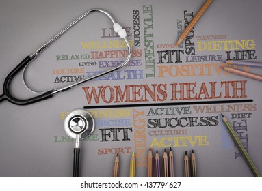 Womens Health. Colored Pencils And A Stetoscope On The Table