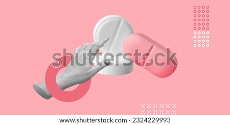 Women's health concept. The choice of contraceptives, dietary supplements, medicines and vitamins for women's health. The hand chooses white and pink pills. Minimalist art collage