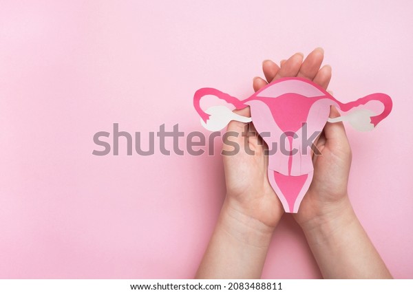 Women\'s health, gynecology and reproductive system\
concept. Woman hands holding decorative model uterus on pink\
background. Top view, copy\
space