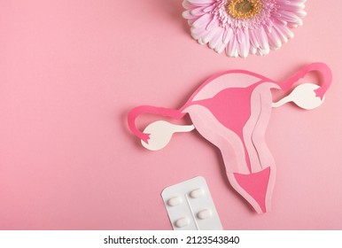 Das Konzept der Gesundheit von Frauen, des Fortpflanzungssystems. Dekoratives Modell Uterus, Pillen und Blume auf rosafarbenem Hintergrund. Draufsicht, Kopienraum