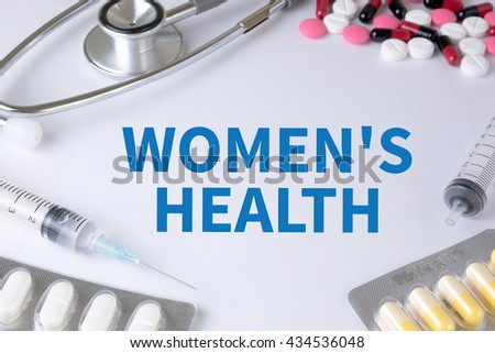WOMEN'S HEALTH Text, On Background of Medicaments Composition, Stethoscope, mix therapy drugs doctor flu antibiotic pharmacy medicine medical