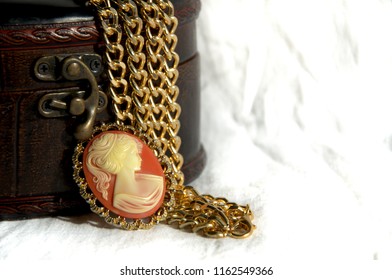 Women's Jewelry And Brown Leather Jewelry Box, Large. Big Gold Chain, Jewelry, Cameo Brooch.