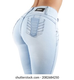 Women's Juniors Butt Lift And Push Up Skinny Blue Jeans Isolated On White