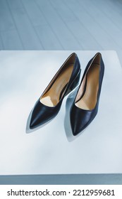 Women's Leather Shoes With A Massive Heel. Black Autumn Shoes For Women On A White Background.