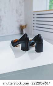 Women's Leather Shoes With A Massive Heel. Black Autumn Shoes For Women On A White Background.