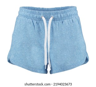 Women's light blue short shorts with a drawstring. Isolated image on a white background. - Shutterstock ID 2194023673