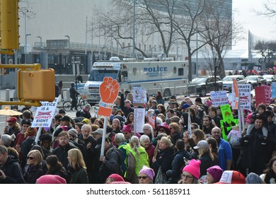 Women's March Trump Protest In NYC With United Nations Building In The Background On January 21, 2017