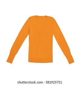 women's orange v-neck pullover, isolated on white