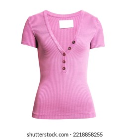 Women's Pink Cotton Simette Rib Short Sleeve Henley Shirt Isolated On White. Scoop Neck Autumn Warm Sweatshirt. Tshirt Clothing Top. V-Neck Sweater Jumper. Plunging Neckline Shapely Ribbed Apparel