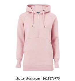 Women's Pink Pullover Hoodie Isolated on White Background. Zipperless Jumper Hoodies and Pocket. Sweatshirt Lady Long Sleeve Clothing Apparel Front View. Women's Top Warm Fleece Hoody Sweater