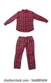 Women's Plaid Pajama Pants And A Red Shirt, Isolated On White, Top View