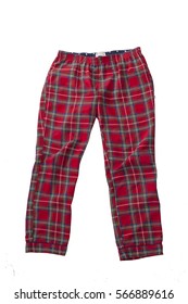 Women's Plaid Pajama Pants And A Red Shirt, Isolated On White, Top View